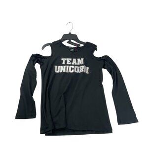 Love Alexa NWT Girls "Team Unicorn" Cold Shoulder Top L Black Stretchy Casual